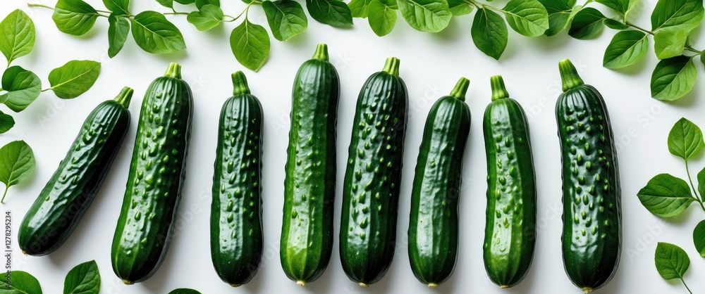 Poster fresh green cucumbers displayed on white background surrounded by green leaves with space for custom