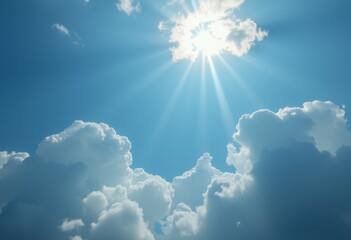 Radiant Sunlight Breaking Through Fluffy White Clouds in a Bright Blue Sky Perfect for Nature and Landscape-Themed Designs