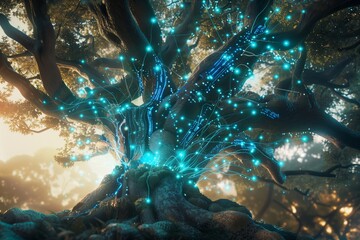 A stunning blend of artificial intelligence and nature: a giant AI-powered tree with glowing data veins, its leaves pulsating with digital energy. Small robotic birds fly around