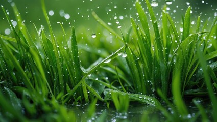 Obraz premium Lush Green Grass With Dew Drops Reflecting Light Under Natural Conditions