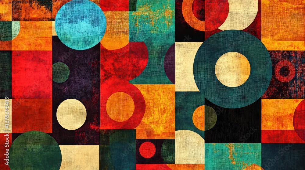 Poster circles and squares overlapping, with each shape filled with a different pattern, creating a playful