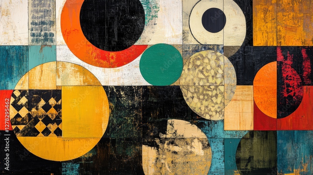 Poster circles and squares overlapping, with each shape filled with a different pattern, creating a playful