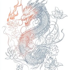 Fototapeta premium Majestic Asian Dragon with Lotus Flowers - Intricate Line Art Design