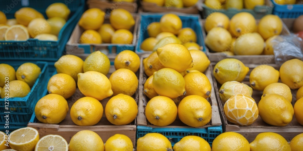 Aufkleber vibrant fresh lemons displayed at market with green crates and ample space for text addition
