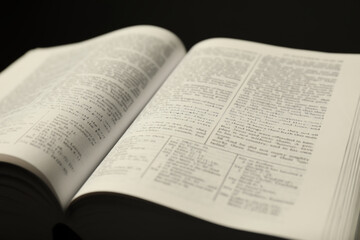 Open Holy Bible in English language on black background, closeup
