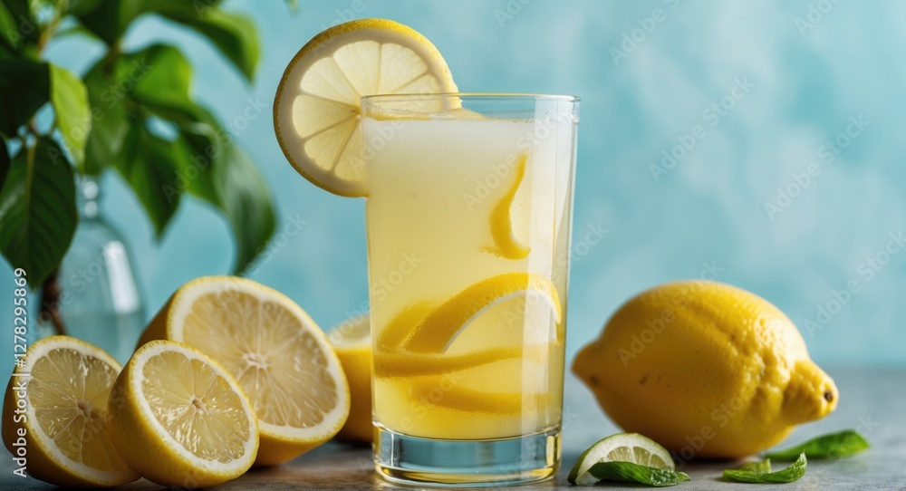 Aufkleber refreshing lemon juice in glass with lemon slices and fresh lemons on table against soft blue backgr
