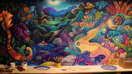 A community art project where local artists come together to create a series of traditional paintings that depict the cultures history, folklore, and natural surroundings