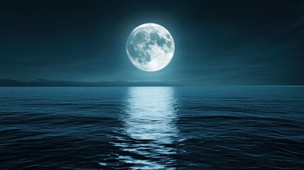 A stunning full moon illuminates the calm sea, casting shimmering reflections across the water's surface under a tranquil night sky.