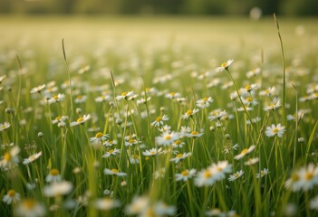 Daisies in Full Bloom with White Petals and Yellow Centers Spreading Across a Lush Green Field Bathed in Warm Golden Sunlight