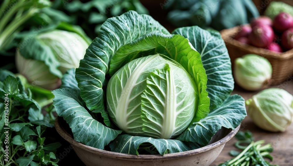 Poster vibrant fresh organic pointed cabbage surrounded by assorted vegetables in rustic setting