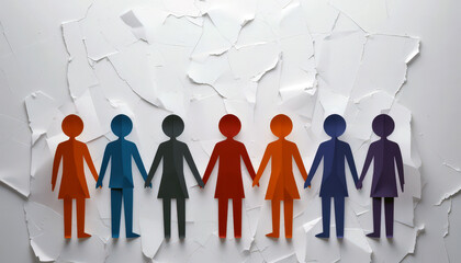 Colorful paper cutouts of people holding hands on textured background
