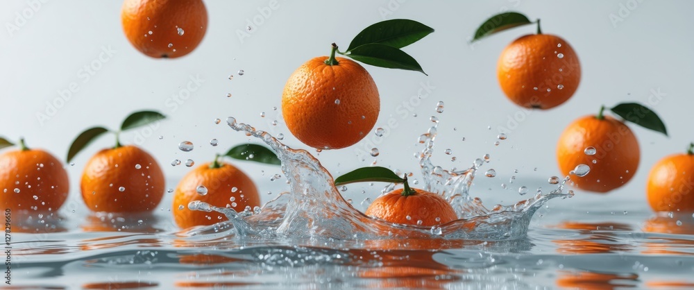 Poster fresh oranges splashing in clear water creating bubbles against a white background with space for te