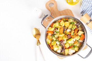 Comfort warm autumn food, one pot full vegetable stew soup