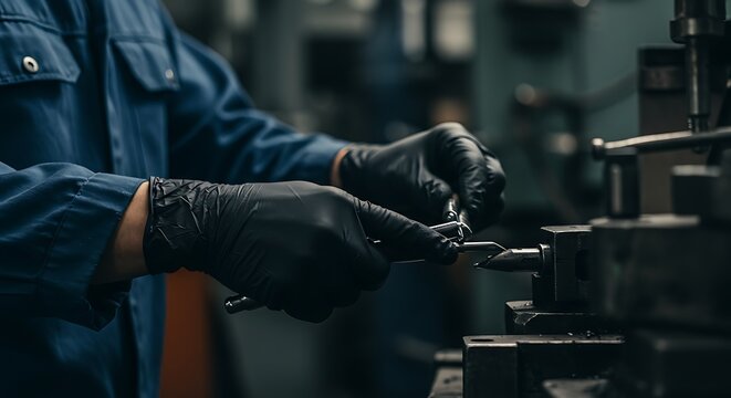 Close-up 3D render of worker hands wearing black nitrile gloves in a factory or kitchen setting, emphasizing safety, protection, and workplace labor conditions.