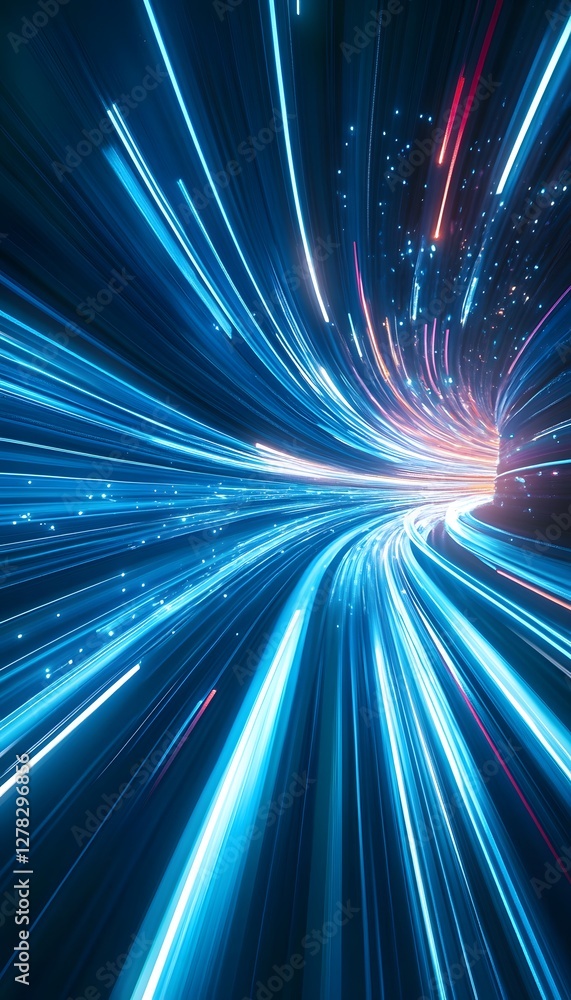 Poster light streaks form a tunnel creating an abstract futuristic scene