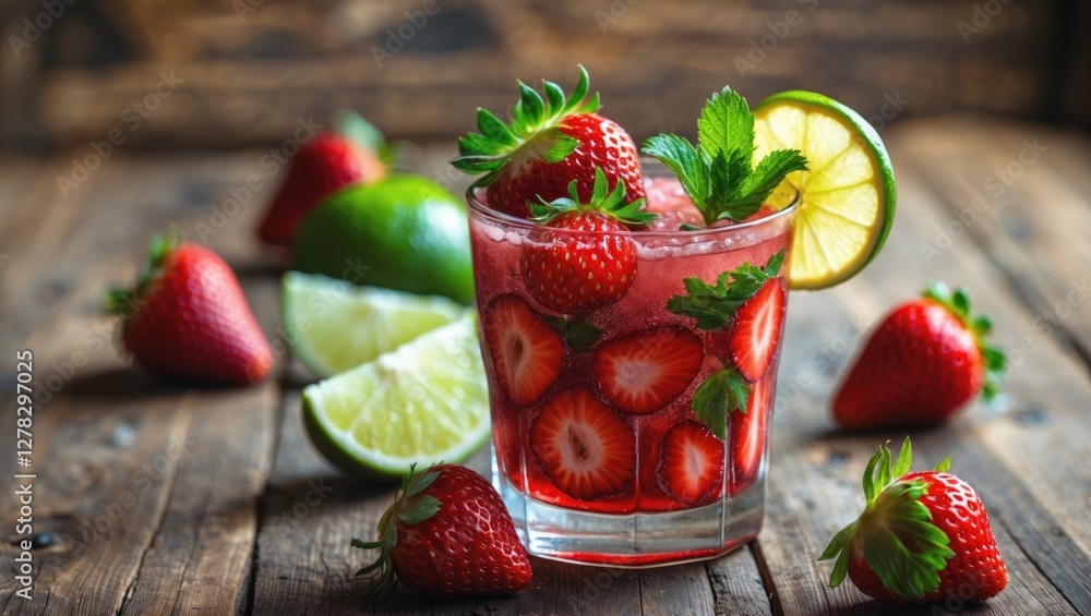 Poster refreshing strawberry lime cocktail served on a rustic wooden table surrounded by fresh strawberries