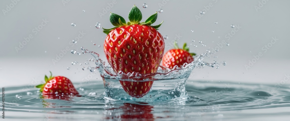 Poster fresh strawberries splashing into clear water on white background with ripples and space for text or