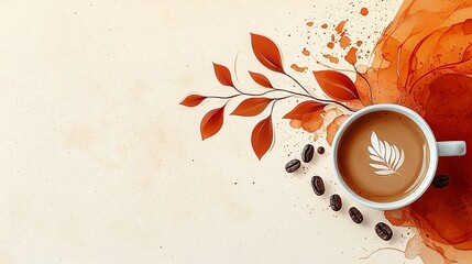 2025 New Year coffee shop banner. Minimalist cup with leaf design, earthy tones, and copy space. Ideal for cafe promotions, social media, and festive greetings.