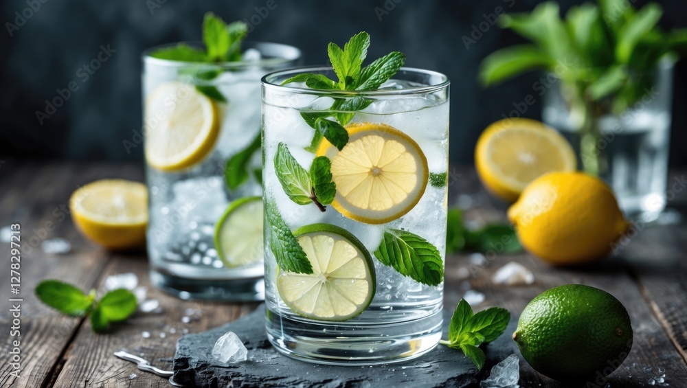 Poster refreshing tonic water with lemon lime garnish in glasses surrounded by fresh ingredients on rustic 