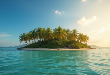 Naklejka premium Idyllic tropical island with lush green palm trees and pristine sandy beach surrounded by crystal clear turquoise waters under a bright blue sky perfect for travel and vacation themes