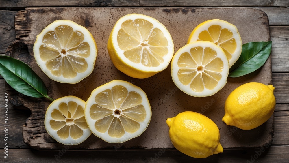 Poster freshly cut lemons arranged on rustic wooden board with green leaves and empty space for text and de
