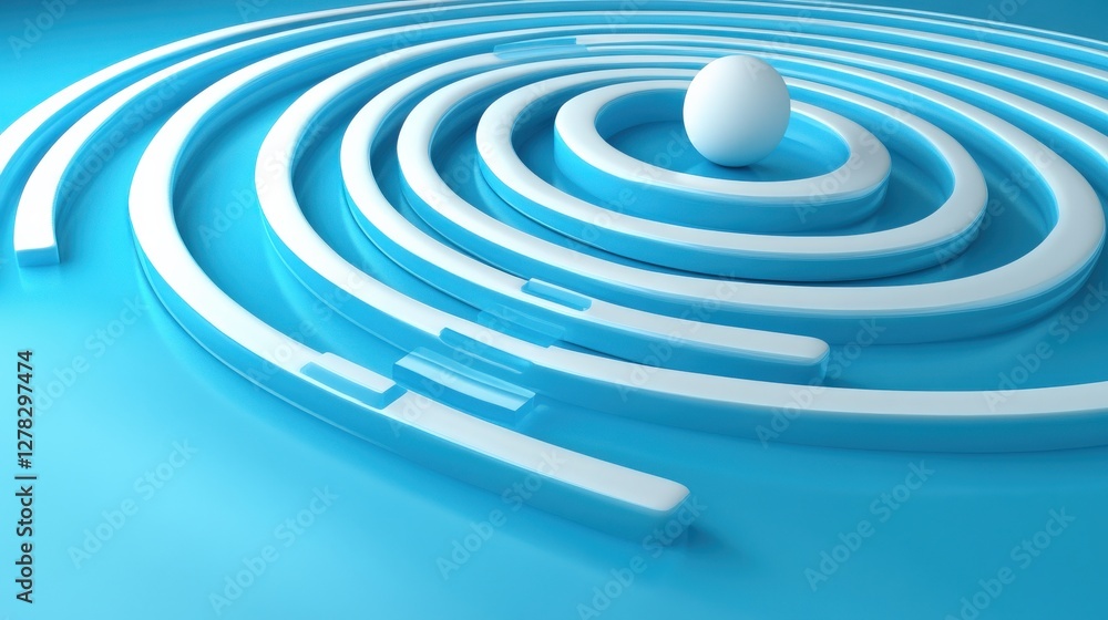 Aufkleber abstract depiction of a white sphere navigating through concentric blue circular pathways, symbolizi