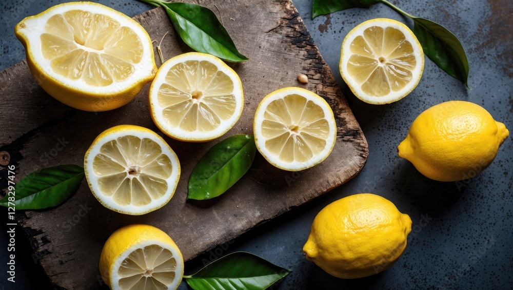 Aufkleber freshly sliced lemons on rustic wood with green leaves and empty space for text or graphics