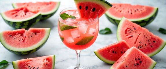 Refreshing Watermelon Cocktail Surrounded By Fresh Watermelon Slices On Marble Background Perfect For Summer Beverage Promotion