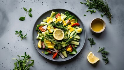 Vibrant Fresh Vegetable Salad with Mustard Dressing and Herbs on Gray Concrete Surface with Lemon Slice and Olive Oil for Garnish