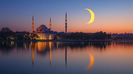 Mosque and Crescent Moon Reflecting on Water at Twilight