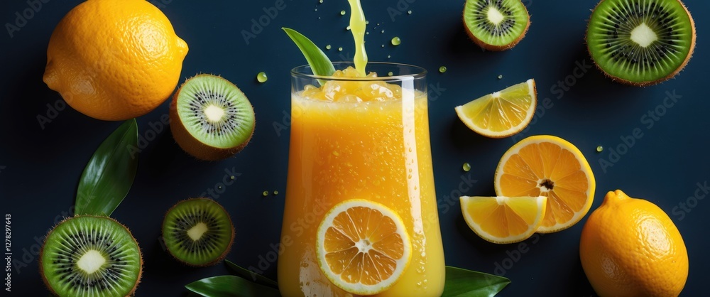 Aufkleber vibrant freshly squeezed orange juice with kiwi and lemon against dark background vertical orientati