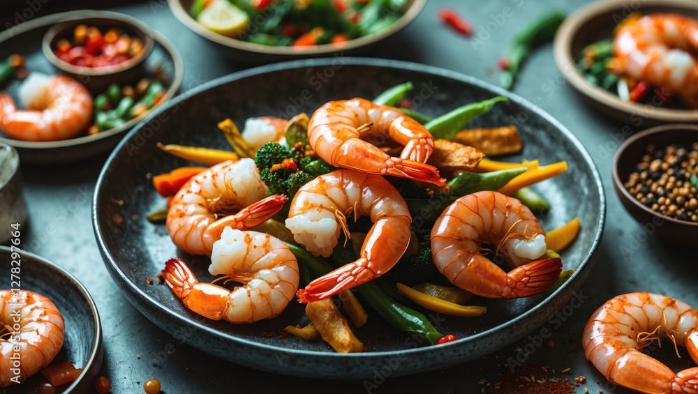 Aufkleber fried shrimp dish with colorful vegetables and spices on a dark plate with empty space for text and 
