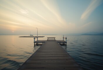 Fototapeta premium Serene lakeside scene at sunset with a wooden pier extending into calm waters, mountains shrouded in mist, and warm light casting a tranquil atmosphere perfect for nature and travel themes
