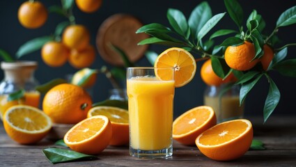Vibrant Freshly Squeezed Orange Juice Surrounded by Fresh Oranges Highlighting Health Benefits and Rich Vitamin C Content