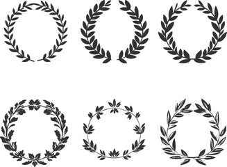 Six black laurel wreath designs on white background, symbolizing victory and achievement.