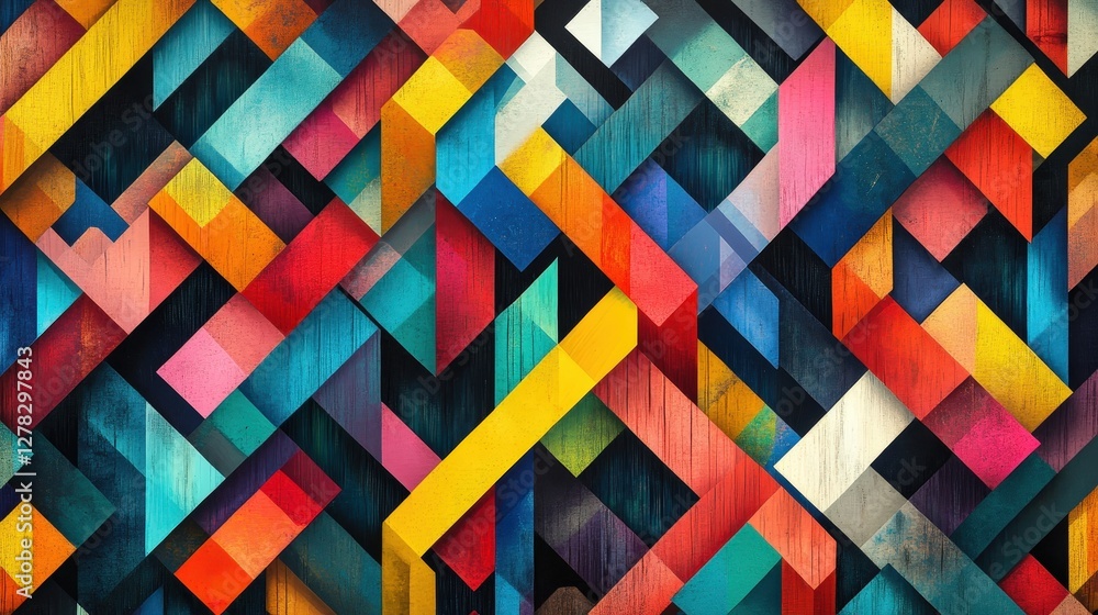 Poster a complex arrangement of parallelograms and rhombuses, creating a visually striking tessellation tha