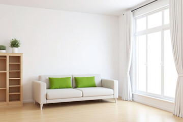 Obraz premium Modern living room window bookshelf green throw pillows