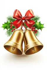 Golden Christmas bells with festive red ribbon and holly leaves on a white background, capturing a holiday celebration theme

