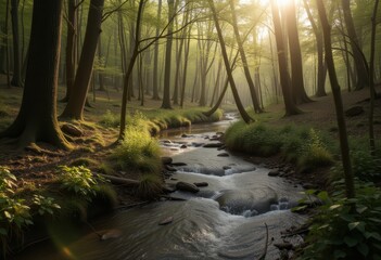 Obraz premium Serene forest stream with moss-covered rocks and sunlit tall trees creating a tranquil atmosphere and picturesque natural beauty perfect for nature and relaxation themes