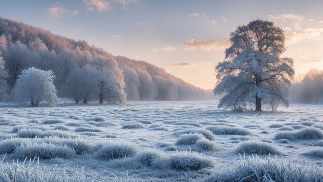 Serene Frosty Winter Landscape with Majestic Trees and Expansive Snowy Fields Ideal for Seasonal Text and Inspirational Quotes