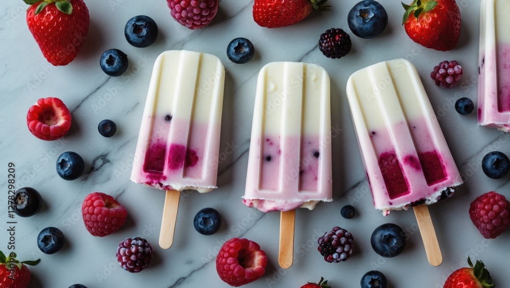 Aufkleber refreshing frozen yogurt popsicles with assorted berries on marble background and space for text. pe