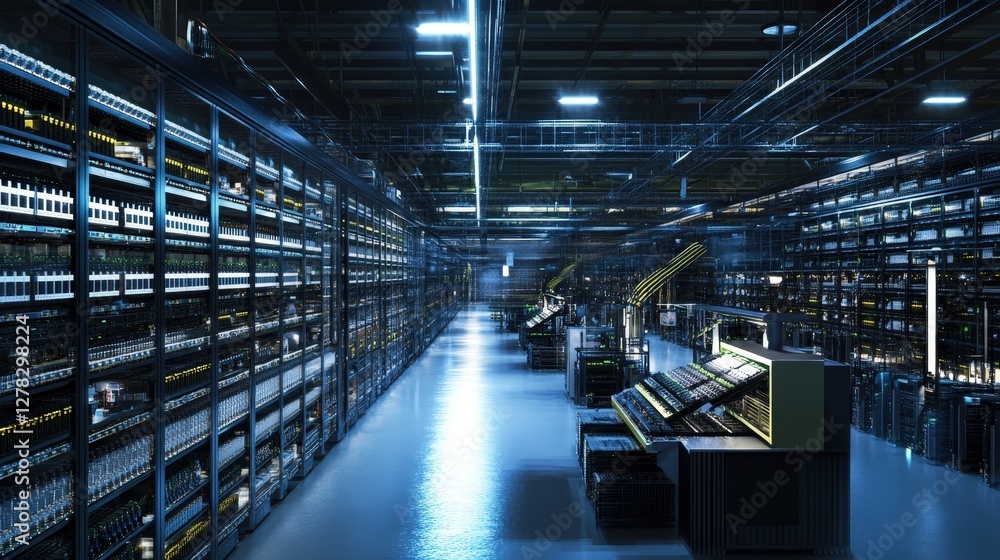 Poster a computer hardware factory where machines assemble computer components like motherboards, graphics 