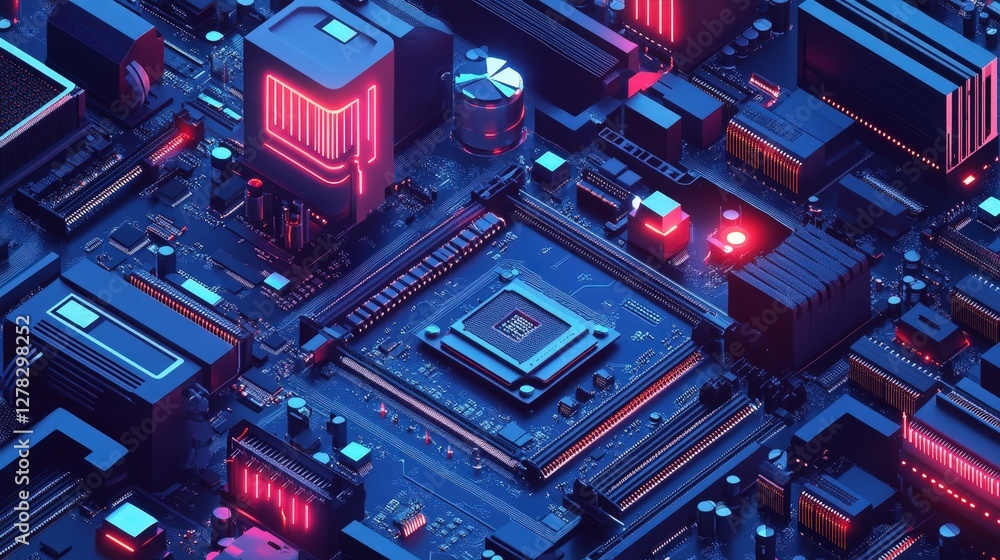 Poster a computer hardware factory where machines assemble computer components like motherboards, graphics 