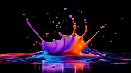 A striking splash of vibrant purple and orange paint against a black backdrop, capturing the dynamic energy of color in motion.