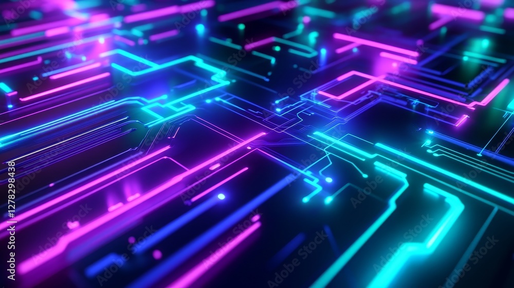 Poster vibrant neon gaming background with angular shapes and glowing circuit patterns in electric colors