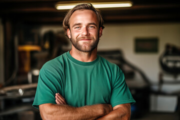 Fototapeta premium Handsome young man with beard, wearing kelly green t-shirt, standing in garage. Father, dad, uncle, Father's day, birthday man tee designs template. Men casual t-shirt mockup, Patrick's day shirt mock