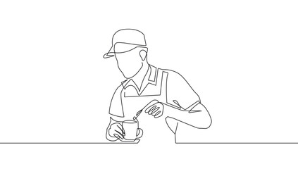 Man Barista Pours Coffee in Mug Continuous One Line Drawing. Male Barista Creative Contemporary Single Line Drawing. Cafe Concept, Outline Vector Minimalist Art for Trendy Design