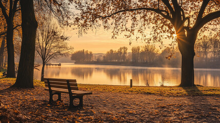 Morning riverside park lane with benches, light posts, green trees growing along river under fantastic colorful sky. Cartoon vector illustration of beautiful golden hour in public garden at dawn
