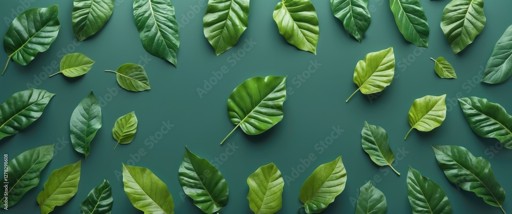 Poster green leaf flat lay arrangement on dark background with abundant copy space for nature-themed text o