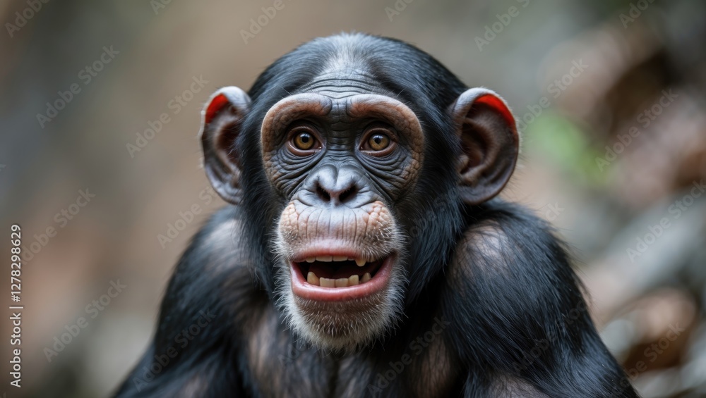 Poster humorous chimpanzee close-up with joyful expression and blank space for custom text